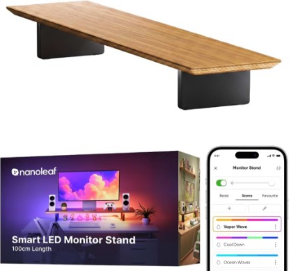 Picture of Nanoleaf Smart Monitor Stand, Wood Riser, RGB LED Task & Ambient Light | Ergonomic monitor stand with built-in ambient LED lighting, smart desktop accessory for home office & gaming setups