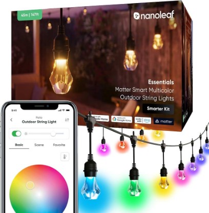 Picture of Nanoleaf Essentials Matter Smart Multicolor Outdoor String Lights, 60 Bulbs | IP65 Patio Lights with Addressable RGBICW LED Bulbs for Backyard, Garden, Compatible with Alexa, 147ft, Smarter Kit