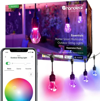 Picture of Nanoleaf Essentials Matter Smart Multicolor Outdoor String Lights, 20 Bulbs | IP65 Patio Lights with Addressable RGBICW LED Bulbs for Backyard, Garden, Compatible with Alexa, 49ft, Expansion Pack