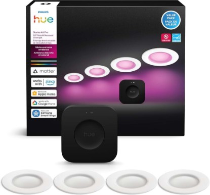 Picture of Philips Hue Starter Kit, Bridge Pro + 4 Retrofit LED Recessed Downlights | White & Color Ambiance, Dimmable, Smart Light Hub, Works with Voice, Alexa, Apple and Samsung SmartThings