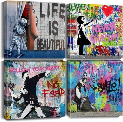 Picture of Biufo Banksy Canvas Wall Art Artwork Graffiti Street Print Pictures for Bedroom Living Room Wall Decor (12"x12"x4Pcs)