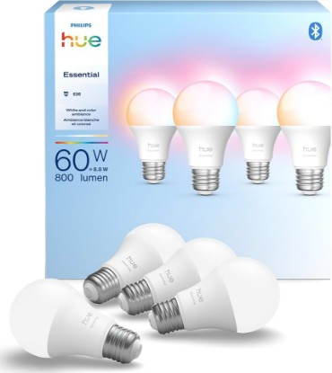 Picture of Philips Hue Essential Smart LED A19 Bulb, 4-Pack | White & Color Ambiance, E26, 7.2W, 2200K-6500K, 800 Lumens, Dimmable, Works with Alexa, Google Assistant, Apple Home