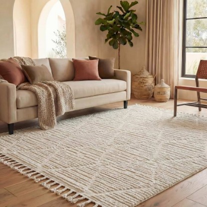 Picture of SAFAVIEH Area Rug 8x10 - Marrakesh Collection - Large - Beige, Moroccan Trellis Design with Tassel Detail, Non-Shedding & Easy to Clean, Ideal for Living Room, Bedroom, Dining Space (MRK517C)