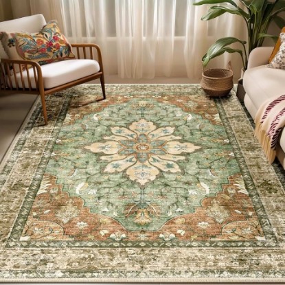 Picture of RELEANY Washable Area Rug, 5'x7', Brick/Brown/Green | Non-Slip, Water Repellent, Pet Friendly, Easy to Clean, Vintage Floral Boho Decor for Living Room Bedroom Dining Room Office OEKO-TEX STANDARD 100