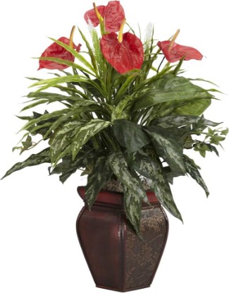 Picture of Nearly Natural 26 in Artificial Mixed Greens and Anthurium with Vase | Vibrant Red Plumage, Lifelike Textures, Decorative Vase Included, Year-Round Home or Office Decor Accent