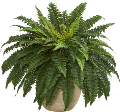 Picture of Nearly Natural 22 in Artificial Boston Fern Plant in Sandstone Planter | Realistic Foliage, Maintenance-Free Fake Greenery, Indoor Home, Kitchen, and Living Room Decor