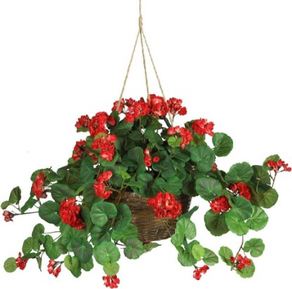 Picture of Nearly Natural 24 in Artificial Geranium Red Floral Hanging Basket Plant | Multi-Tonal Blooms, Vibrant Faux Floral Plant, Decorative Wicker Basket, Ideal for Porch or Indoor Home Decor