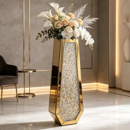 Picture of SHYFOY 30" Tall Floor Vase Gold Crushed Diamond Glass Decorative | Large Crystal Vases for Decor Living Room & Office, Mirrored Glass Back, Crystal Diamond Front, For Dried Flower&Pampas Grass