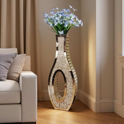 Picture of 30" Tall Double Sided Crushed Diamond Floor Vases, Large Mirrored Silver Crystal Vase for Living Room, Floor Vases Decorative Tall for Home,Office,Hotel(11.8" L x 5.37" W x 30" H)