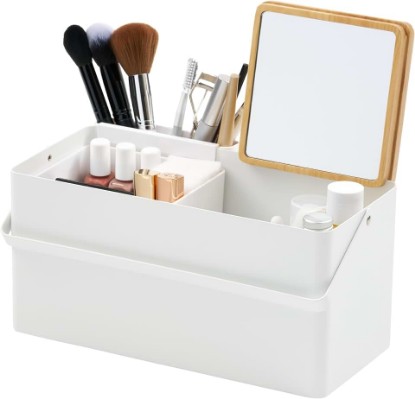 Picture of YAMAZAKI Home Tower Large Makeup Organizer Cosmetic Caddy With Handle Vanity Storage Drawer With Lid - Steel + Wood