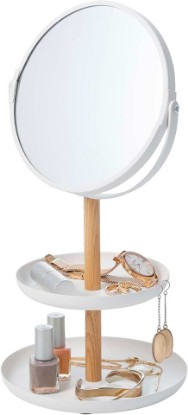 Picture of YAMAZAKI Home Round Standing Mirror with Two-Tiered Accessory Trays, Bathroom and Bedroom Organizer - Steel + Wood - Mirror Diameter 5.9 Inches | Features a rotating double-sided mirror with 1x and 3x magnification. Sleek steel and wood construction. Organize jewelry.
