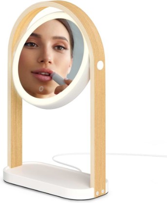 Picture of Umbra Bellwood Vanity Mirror, LED Double-Sided Magnifying, White/Natural | Glass frame, three light temperatures, touch sensor dimming, integrated storage tray, USB-C powered