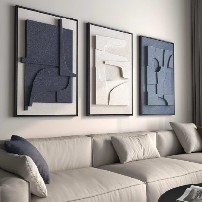 Picture of Large Framed Blue Abstract Wall Art for Living Room, Modern 3D Artwork | Solid wood frame, Navy blue and white pictures, Set of 3 piece big 24x36 in, Textured paintings wall decor bedroom office