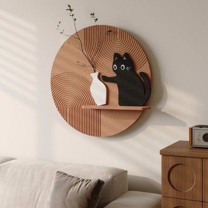 Picture of 3D Textured Round Cat Wall Art with Shelf, Modern Minimalist Brown Sandstone Texture Artwork for Walls, Black Cat Geometric Wall Art Decor for Living Room, Hallway, Dining Room, Bedroom, Office, 24x24