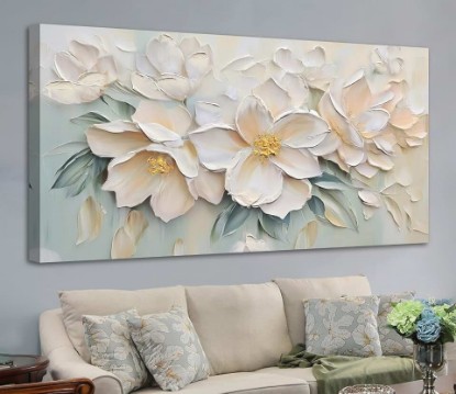 Picture of Anolyfi Large White Floral Canvas Wall Art for Living Room Bedroom 40"x20" | HD Print and Hand-painted Textured, Easy to Hang, Durable Colorfast, Modern Flowers Sage Paintings for Hallway Home Decor