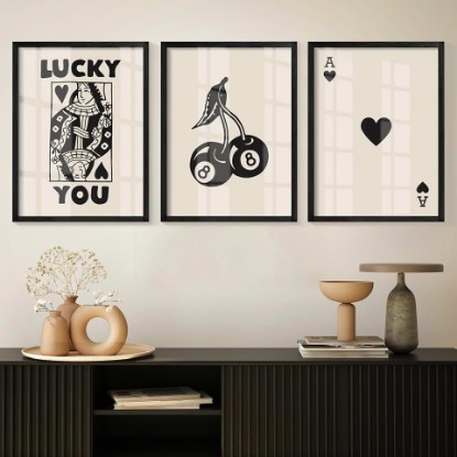 Picture of Heiple Framed Set of 3 Poker Wall Art Lucky You Poster, Trendy Retro Print Wall Decor for Queen of Hearts Wall Art Rustic Vintage Farmhouse Home Wall Decor（Black 12"x16"）