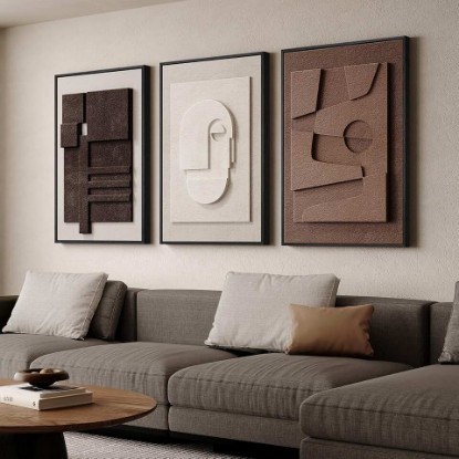 Picture of Large Framed 3D Wall Art for Living Room, Brown Abstract Art Wall Decor | Solid wood frame, Textured paintings, 3 piece 24x36 in, Modern artwork for walls, Neutral pictures wall decor bedroom office