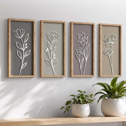 Picture of Tide and Tales 3d Framed Wall Art, Set of 4, Floral Boho Wall Decor | 7" x 16", Lightweight, Wooden, Ready-to-Hang Wall Decor for Living Room, Bathroom, Bedroom or Office, Botanical Farmhouse