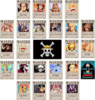 Picture of TYZZHOA 25PCS Anime [OP] Wanted Posters 30x21cm, New Bounty Edition | Straw Hat Pirates Crew Nika Luffy, Zoro, Sanji, Anime Fans Bounty Posters Set for Bedroom, Party, Birthday Decorations Gifts
