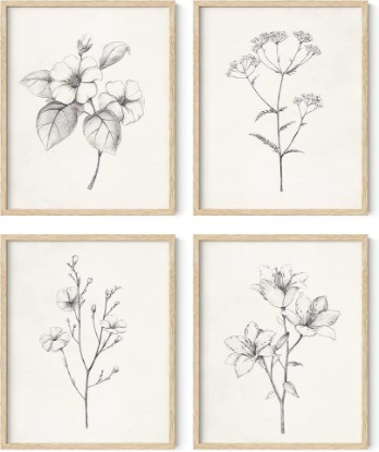Picture of HAUS AND HUES Grey Floral Wall Art - Set of 4 Plant Posters for Wall Vintage, Botanical Prints, Black and White Flower Pictures for Room Aesthetic, Farmhouse Bathroom, Rustic Art (Beige Frame, 8x10)