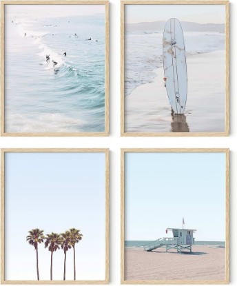Picture of HAUS AND HUES Beach Wall Art Prints – Set of 4 Ocean-Themed Nautical Decor, Coastal Beach Art Prints for Bedroom, Living Room, or Home (Beige Frame, 11x14)