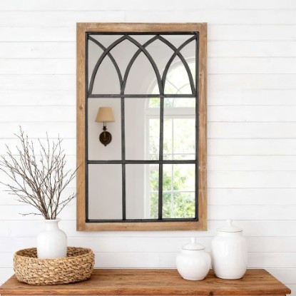 Picture of Rustic Window Mirror for Wall Decor, Wooden Frame Decorative Wall Mirror | 24”x37” Bathroom Vanity Mirror for Farmhouse Decor, Wall-mounted Haning Mirrors for Living Room, Bedroom, Entryway, Brown