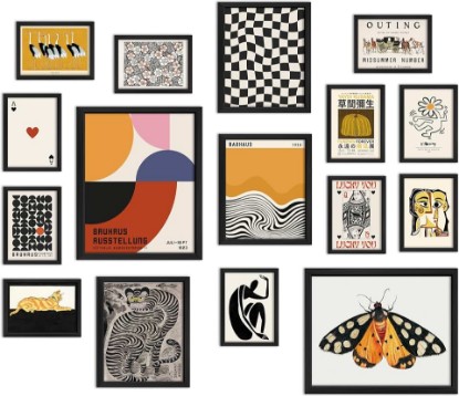Picture of ANERZA 16 PCS Wall Art Unframed Eclectic Wall Art Decor, Modern Maximalist Wall Prints for Bedroom, Bauhaus Posters for Room Aesthetic, Retro Abstract Wall Collage Kit for Living Room, Funky Dorm Gallery Home Decor
