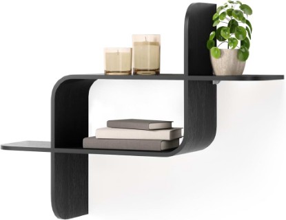 Picture of Umbra Montage Floating Wall Shelf, Bent-Wood Wall Mount Decor, Black | Rubberwood construction, mounts horizontally or vertically, holds up to 15 lbs, use in any room, renewable source