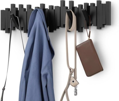 Picture of Umbra Sticks Wall Coat Rack, Wall Mount 8 Retractable Hooks, Black | Modern sculptural look, holds five pounds each, fits entryways and bedrooms, easy to install, recycled plastic
