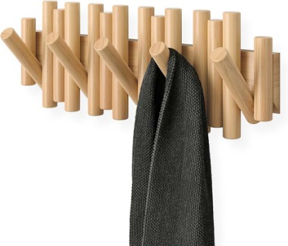 Picture of Umbra Picket Coat Rack, Wall Mount 5 Flip-Down Coat Hooks, Natural | Beveled pine wood dowels, supports up to 5 lbs, mounting hardware included, space saving