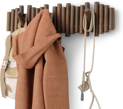 Picture of Umbra Picket Coat Rack, Wall Mount 8 Flip-Down Coat Hooks, Walnut | Beveled pine wood dowels, supports up to 5 lbs, mounting hardware included, space saving