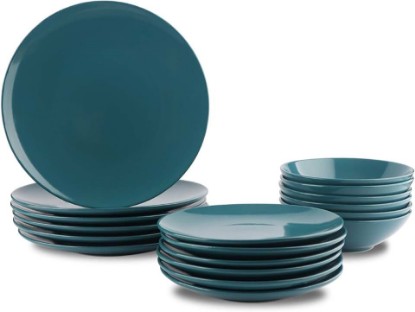 Picture of Amazon Basics 18-Piece Stoneware Dinnerware Set, Service for 6, Microwave and Dishwasher Safe, Plates and Bowls, Deep Teal