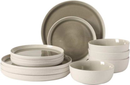 Picture of Gibson Elite Tahoe Sunset 12-Piece Reactive Stoneware Dinnerware Set – Matte Exterior & Shiny Interior Plates and Bowls, Durable Everyday Dish Set, Microwave & Dishwasher Safe - Grey