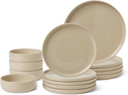 Picture of Amazon Basics Glazed Stoneware Dinnerware, 12-Piece Set, 4 Full Place Settings, Dishwasher-Safe, Microwave-Safe, Linen Gray