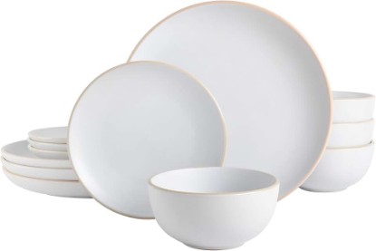 Picture of Gibson Home Rockaway 12-Piece Round Stoneware Dinnerware Set, Service for 4 – White Plates and Bowls, Modern Matte Finish, Microwave & Dishwasher Safe