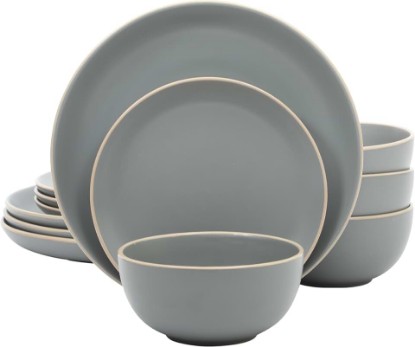 Picture of Gibson Home Rockaway 12-Piece Stoneware Dinnerware Set, Matte Finish, Service for 4, Modern Ceramic Plates and Bowls, Microwave & Dishwasher Safe – Soft Gray - Service for 4