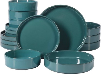 Picture of Two Time Oprah's Favorite Things Winner - Santorini Mist Double Bowl Terracotta Reactive Glaze Plates and Bowls Dinnerware Set - Jade Blue Green, Service for Four (16pcs)