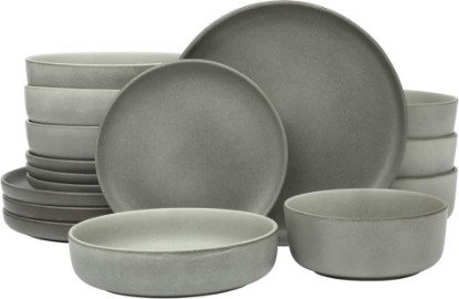 Picture of Gibson Elite Pasco 16 Piece (Service for 4) Plates and Bowls Double Bowl Reactive Glaze Dishes Stoneware Ceramic Dinnerware Set - Grey