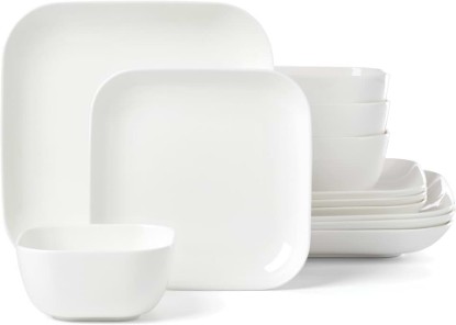 Picture of Lenox Studio 1414 Square Bone China 12-Piece Dinnerware Set for 4 | dishwasher safe | plates and bowls sets for kitchen and dining | 10.19 inch plate, dish set, dishes, chip resistant