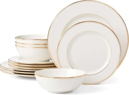 Picture of Lenox Federal Gold Bone China 12-Piece Dinnerware Set for 4 | dishwasher safe | plates and bowls sets for kitchen and dining | 10.75 inch plate, dish set, dishes | 24oz