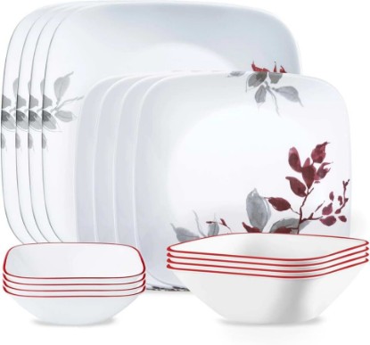 Picture of Corelle Kyoto Leaves 16pc, Service for 4, Dinnerware Set, 8 plates bowls, Chip & Break Resistant, Dinner and Corelleware White