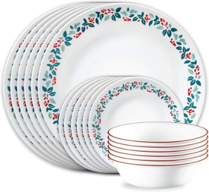 Picture of Corelle Vitrelle 18-Piece Christmas Service for 6 Dinnerware Set, Triple Layer Glass and Chip Resistant, Lightweight Round Holiday Plates and Bowls Set, Winter Berries