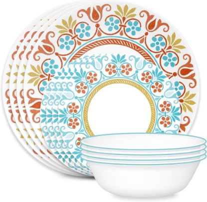 Picture of Corelle Global Collection Vitrelle 12-Piece Dinnerware Set, Triple Layer Recycled Glass, Lightweight Eco-Friendly Round Plates and Bowls Set, Terracotta Dreams