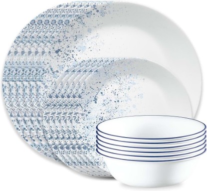 Picture of Corelle Vitrelle 18-Piece Service for 6 Dinnerware Set Triple Layer Glass and Chip Resistant, Lightweight Round Plates and Bowls Set, Indigo Speckle