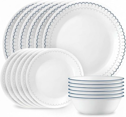 Picture of Corelle 18-Piece Dinnerware Set Service for 6, Lightweight Round Plates and Bowls Set, Vitrelle Triple Layer Glass, Chip Resistant, Microwave and Dishwasher Safe, Caspian