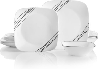 Picture of Corelle Vitrelle 18-Piece Service for 6 Dinnerware Set Triple Layer Glass and Chip Resistant, Lightweight Square Plates and Bowls Set, Simple Sketch