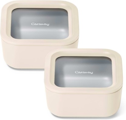 Picture of Caraway 2-Piece Glass Food Storage Set with Lids | 4.4 Cup Food Containers (2), Ceramic Coated, Non-Toxic, Non-Stick, Dishwasher, Oven, Microwave Safe, Cream