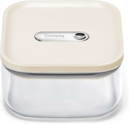 Picture of Caraway 1 qt Glass Airtight Food Storage Container with Lid | Non-Toxic, BPA-Free Kitchen Storage Container, Stackable, Space-Saving Airtight Container for Dry Goods and More, Cream
