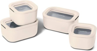 Picture of Caraway Mini Food Storage 9-Piece Set, Glass Storage Containers for Food | Non-Toxic Ceramic-Coated Glass, Air Release Technology, Compact and Stackable Design, Cream