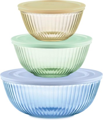 Picture of Pyrex Colors Tinted (3-Pack, Full Set) Sculpted Tinted Glass Mixing Bowls | 1.3, 2.3 & 4.5 QT nesting set of bowls with plastic lids for prepping & baking, dishwasher safe